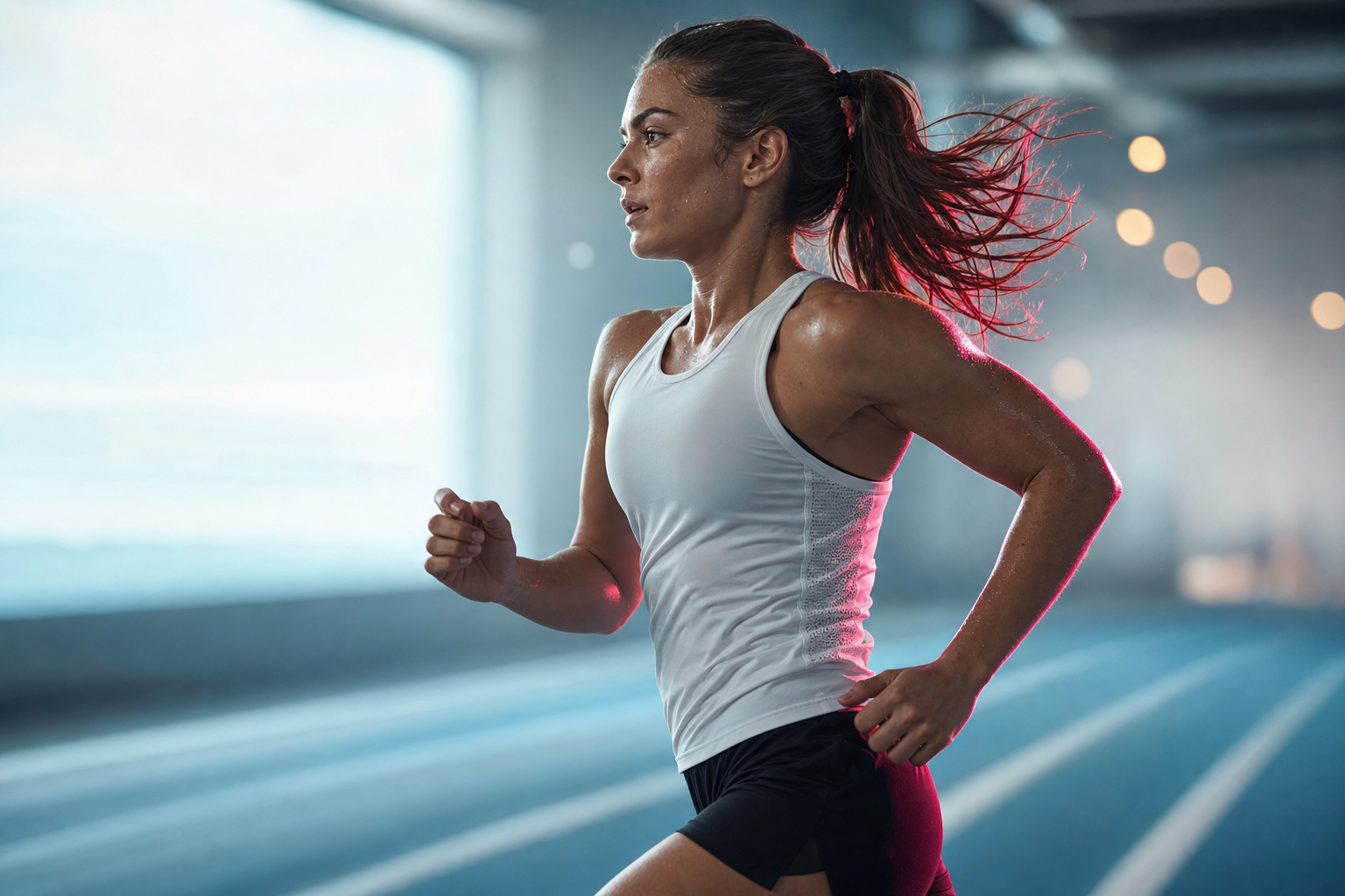Focused athlete sprinting on an indoor track, pink rim light against icy windows